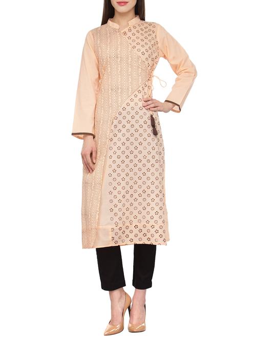 peach cotton long kurta - 13248550 - Very Small Image - 1