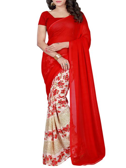 red faux georgette printed half and half saree with blouse - 13254164 - Very Small Image - 1