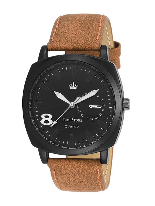 limestone round casual analog brown genuine leather strap & black dial men's / boy's wrist watch - 13254278 - Very Small Image - 1