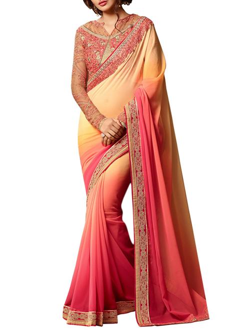 yellow & pink georgette ombre saree with blouse - 13258128 - Very Small Image - 1