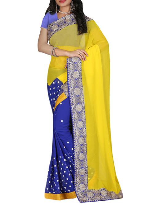 yellow & blue georgette embroidered half and half saree with blouse - 13258135 - Very Small Image - 1