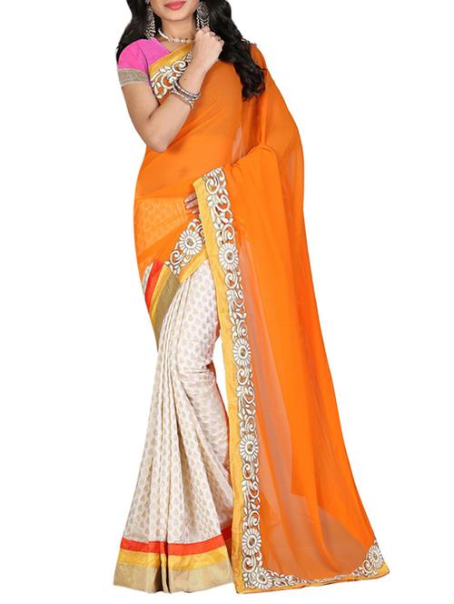 orange & beige georgette embroidered half and half saree with blouse - 13258145 - Very Small Image - 1