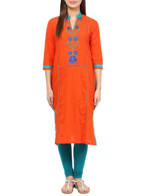 orange cotton embroidered straight kurta - 13259364 - Very Small Image - 1