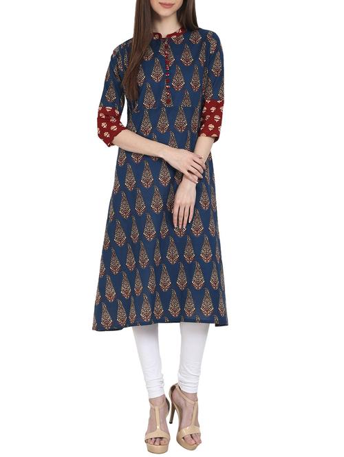 blue cotton printed a-line kurta - 13263913 - Very Small Image - 1