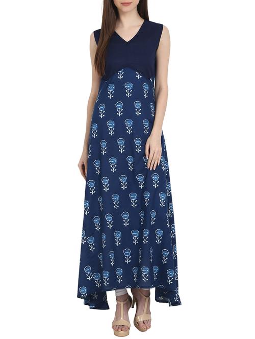 blue cotton printed long kurta - 13263926 - Very Small Image - 1