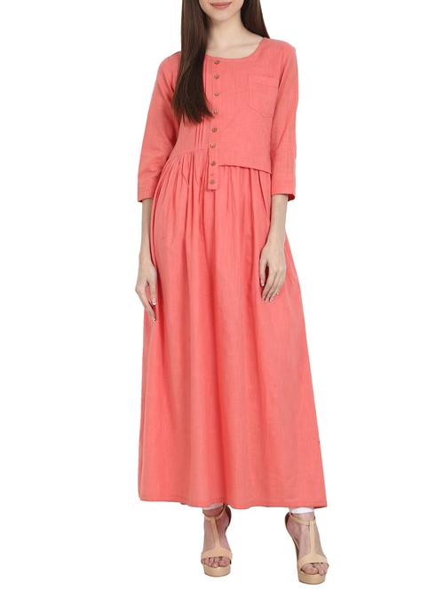 peach plain cotton flared kurta - 13263979 - Very Small Image - 1