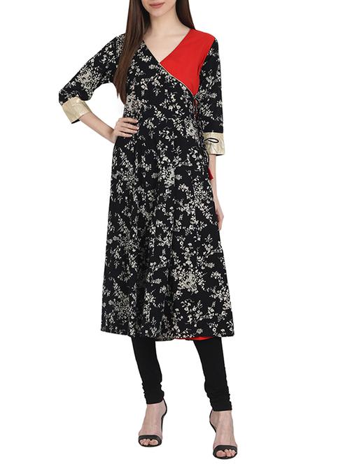 black cotton angrakha kurta - 13264072 - Very Small Image - 1