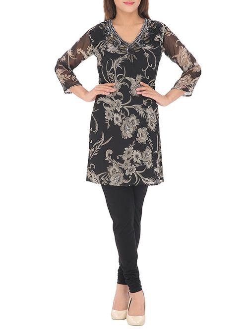 black chiffon kurta with black lycra legging set - 13265789 - Very Small Image - 1