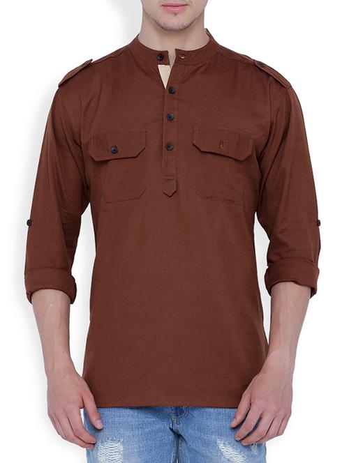 solid brown cotton pathani kurta - 13266379 - Very Small Image - 1
