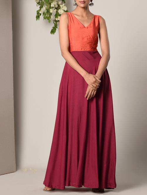 orange maroon color block modal maxi dress - 13266826 - Very Small Image - 1