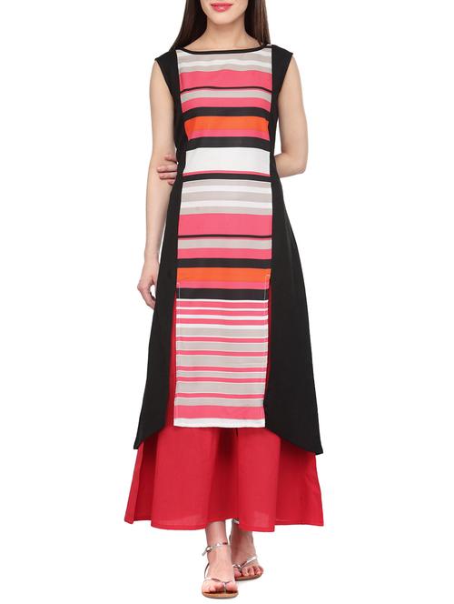 black khadi striped high slit kurta - 13275190 - Very Small Image - 1