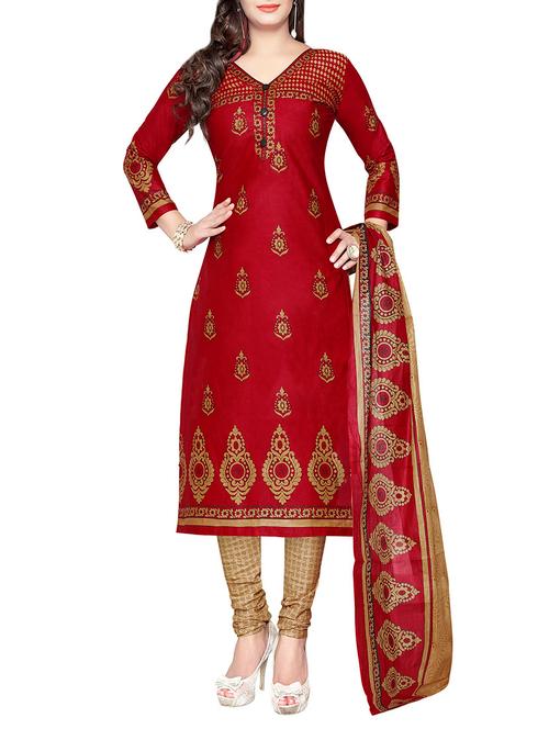 red cotton unstitched suit - 13280766 - Very Small Image - 1