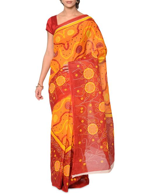 yellow cotton bandhani saree with blouse - 13283254 - Very Small Image - 1