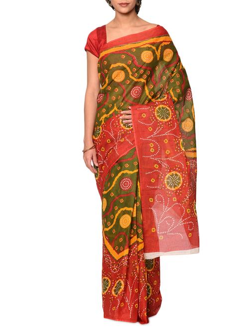green cotton bandhani saree with blouse - 13283264 - Very Small Image - 1