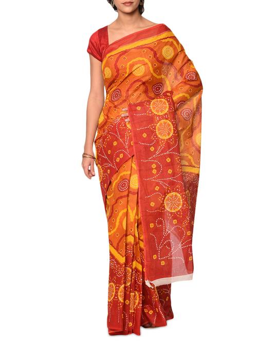 orange cotton bandhani saree with blouse - 13283270 - Very Small Image - 1