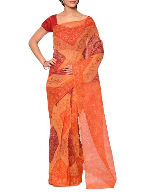 orange cotton bandhani saree with blouse - 13283296 - Very Small Image - 1