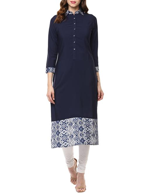 blue poly crepe printed straight kurta - 13286407 - Very Small Image - 1