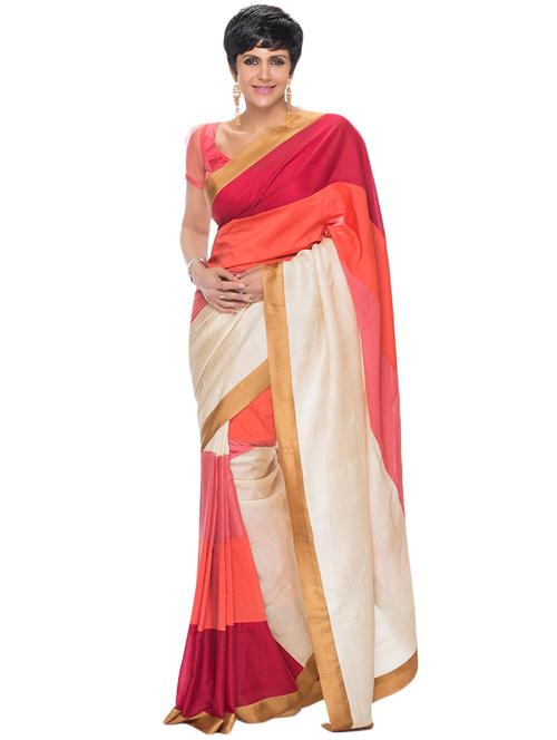 multicoloured silk saree with gold border with blouse - 13286424 - Very Small Image - 1