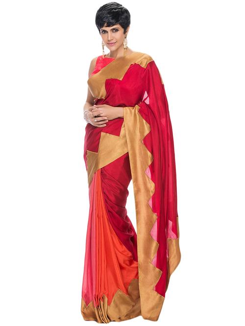 red & orange silk woven saree with blouse - 13286433 - Very Small Image - 1