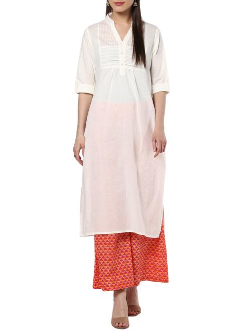 white cotton kurta with orange palazzo set - 13286445 - Very Small Image - 1