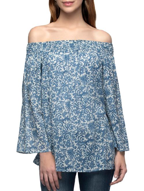 printed blue off shoulder top - 13287895 - Very Small Image - 1