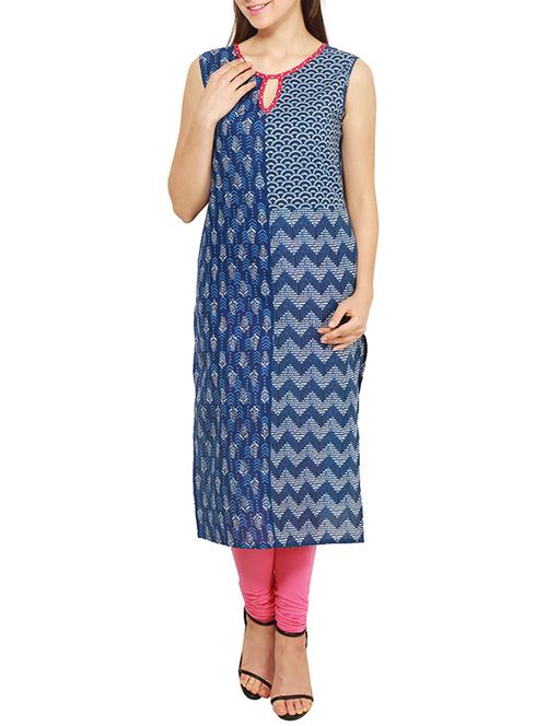 indigo cotton printed straight kurta - 13292474 - Very Small Image - 1