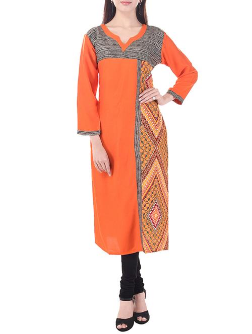 orange rayon printed straight kurta - 13292768 - Very Small Image - 1