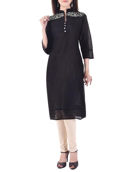 black cotton embroidered straight kurta - 13292794 - Very Small Image - 1