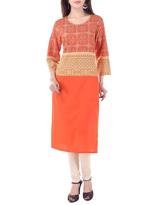 orange cotton block printed straight kurta - 13292797 - Very Small Image - 1