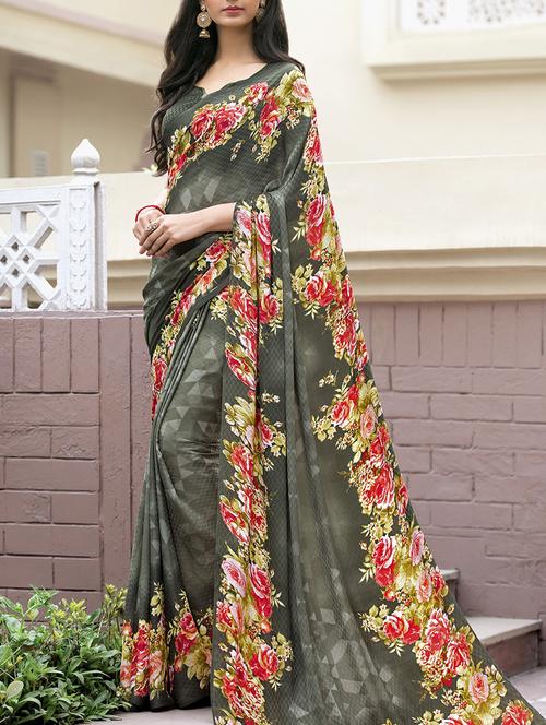 grey crepe printed saree with blouse - 13293330 - Very Small Image - 1