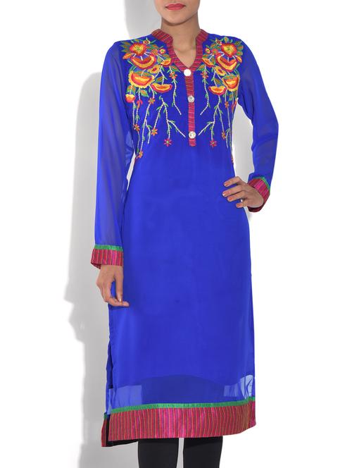 blue georgette embroidered three quarter sleeves kurta - 1329372 - Very Small Image - 1
