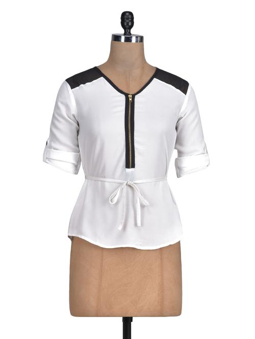 white zippered quarter sleeved top - 1329533 - Very Small Image - 1