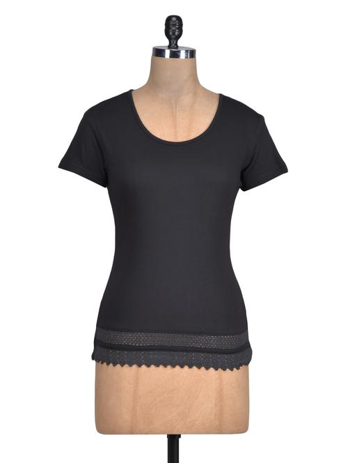 solid black cotton top with lace hem - 1329535 - Very Small Image - 1