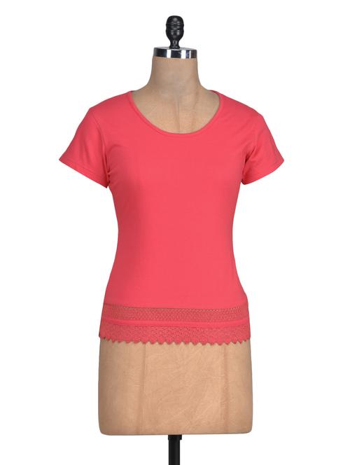 coral red cotton top with lace hem - 1329536 - Very Small Image - 1