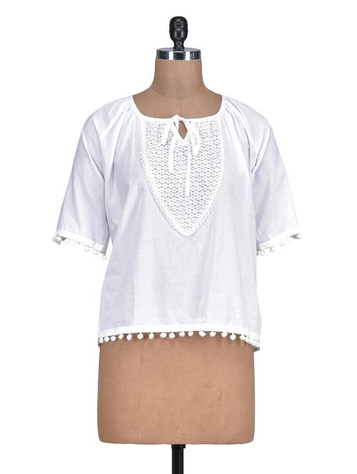 white pom pom lace cotton top - 1329567 - Very Small Image - 1