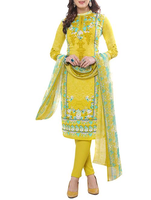 yellow faux crepe printed churidaar suits dress material - 13296313 - Very Small Image - 1