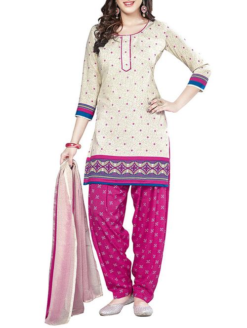 beige faux crepe printed salwar suits dress material - 13296331 - Very Small Image - 1