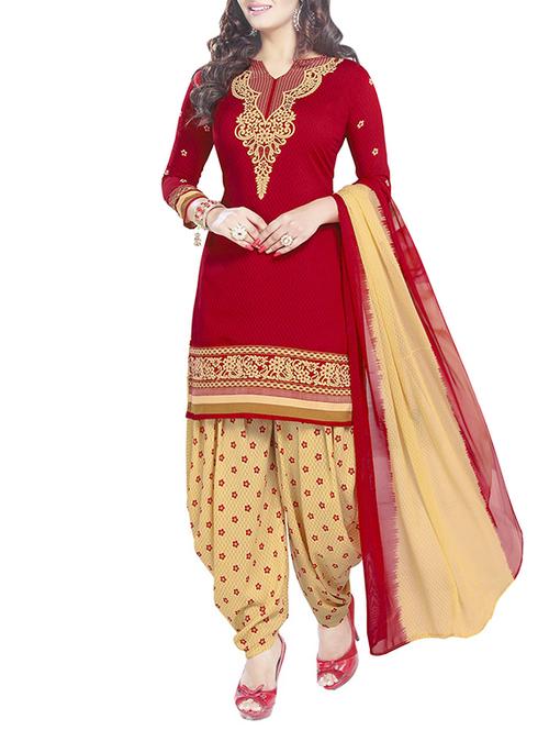 red faux crepe printed patiyala suits dress material - 13296335 - Very Small Image - 1