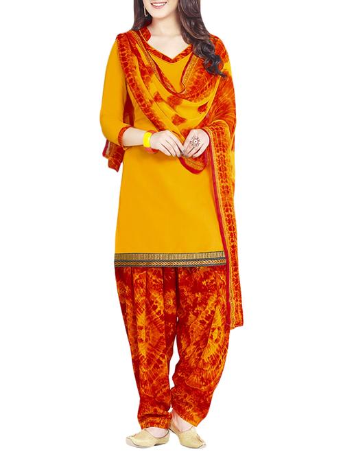 mustard faux crepe printed churidaar suits dress material - 13296337 - Very Small Image - 1
