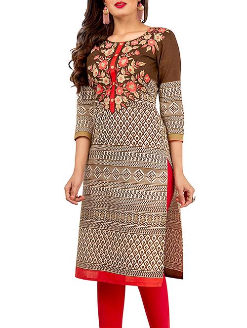 brown cotton printed unstitched kurti - 13296348 - Very Small Image - 1