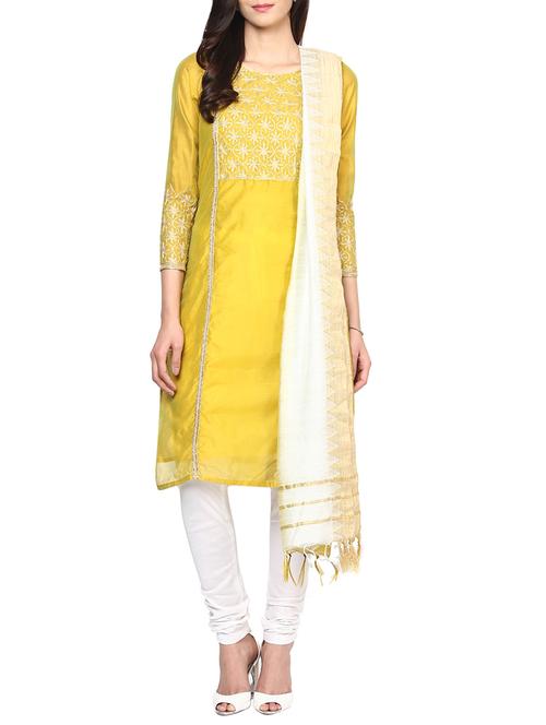 yellow cotton embroidered kurta bottom set - 13296931 - Very Small Image - 1