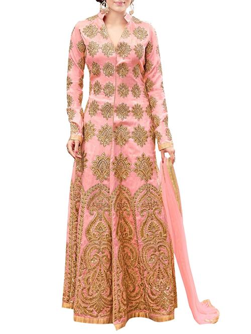 pink art slk embroidered flared semi-stitched suit - 13302571 - Very Small Image - 1