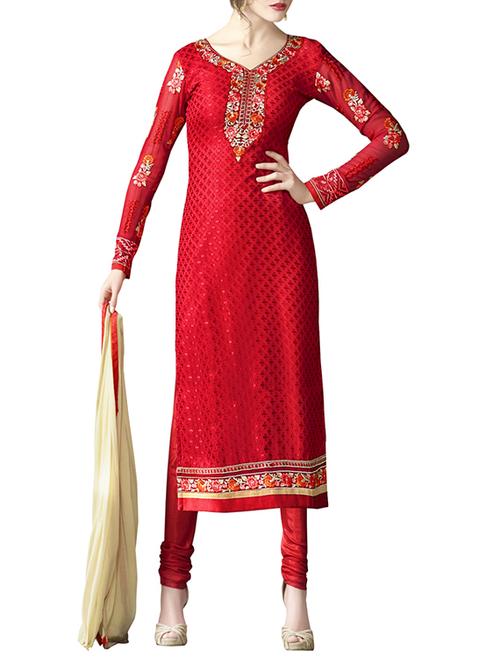 red faux georgette embroidered semi-stitched suit - 13302579 - Very Small Image - 1