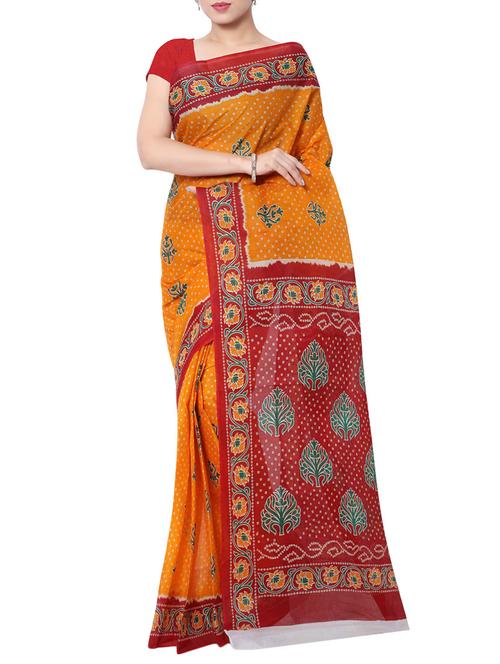 orange cotton bandhani saree - 13308126 - Very Small Image - 1