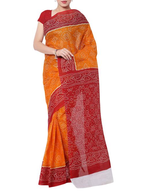 orange cotton bandhani saree - 13308133 - Very Small Image - 1