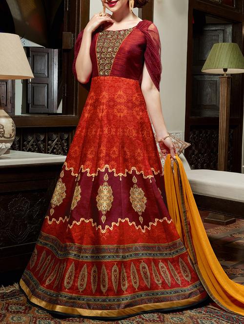 orange unstitched anarkali suit set - 13309727 - Very Small Image - 1