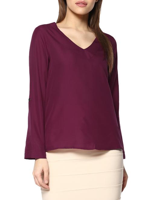 wine v-neck poly crepe top - 13323630 - Very Small Image - 1