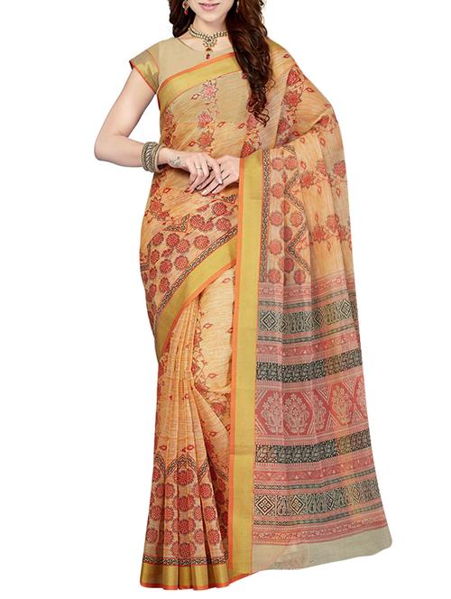 beige cotton blend printed saree with blouse - 13325950 - Very Small Image - 1
