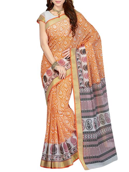 beige cotton blend printed saree with blouse - 13325951 - Very Small Image - 1