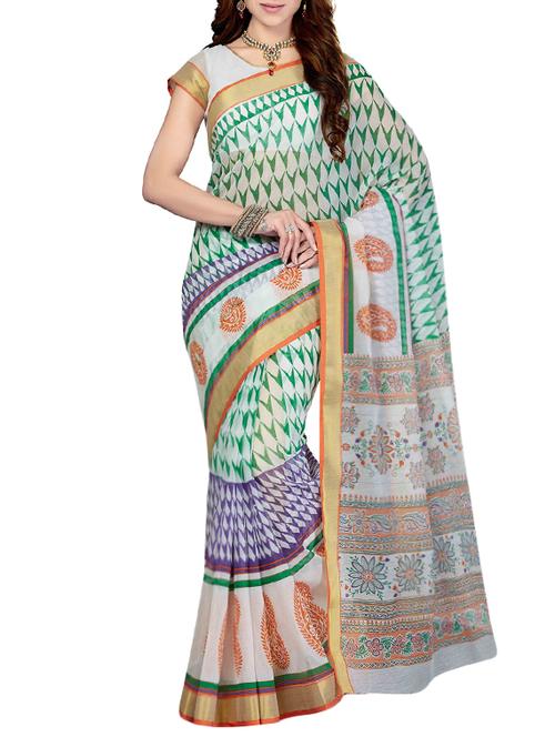 blue cotton blend printed saree with blouse - 13325952 - Very Small Image - 1